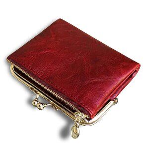 Womens Kiss Lock Wallet Small Compact Bifold Leather Vintage Coin Purse RED